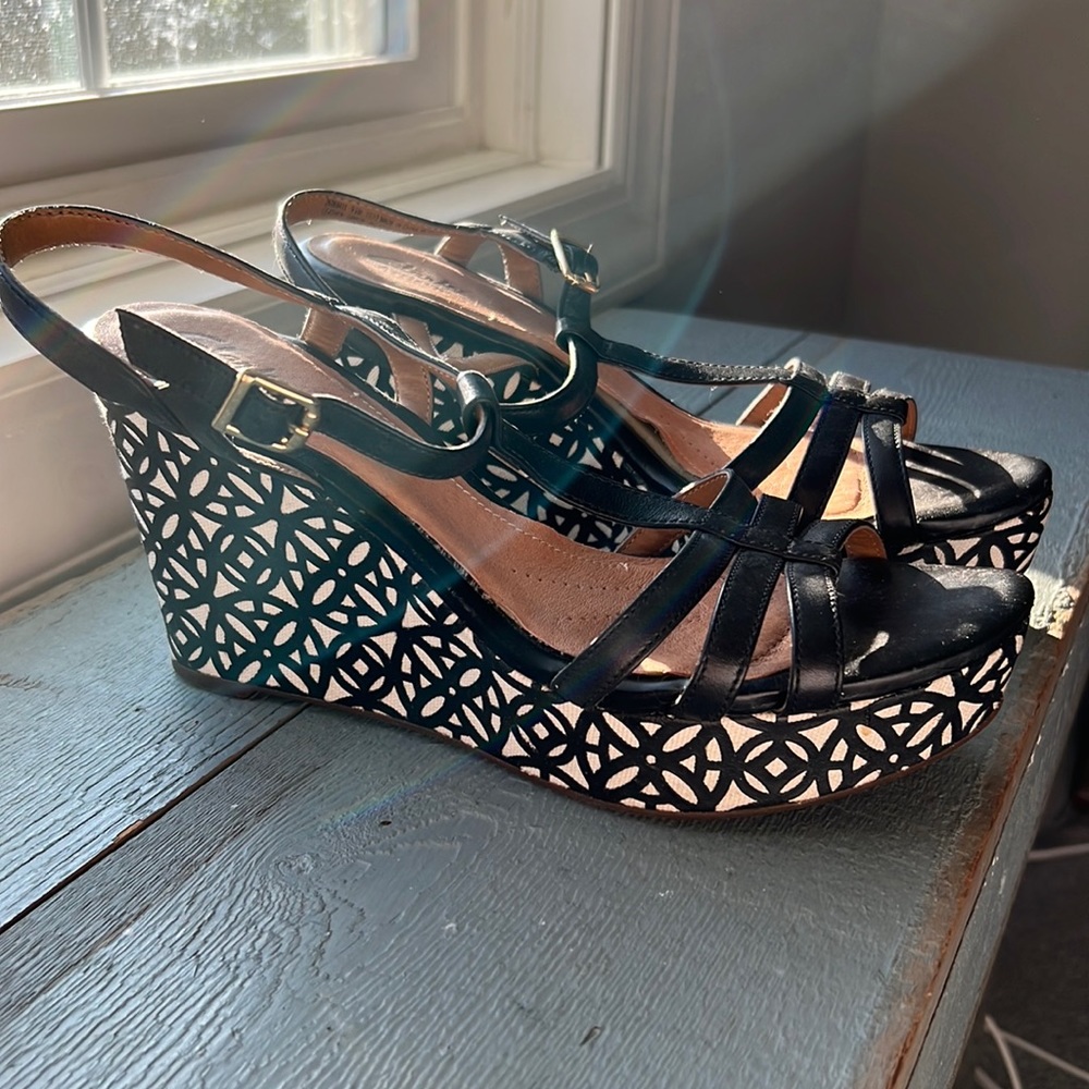 Black and white leather wedge platform sandals